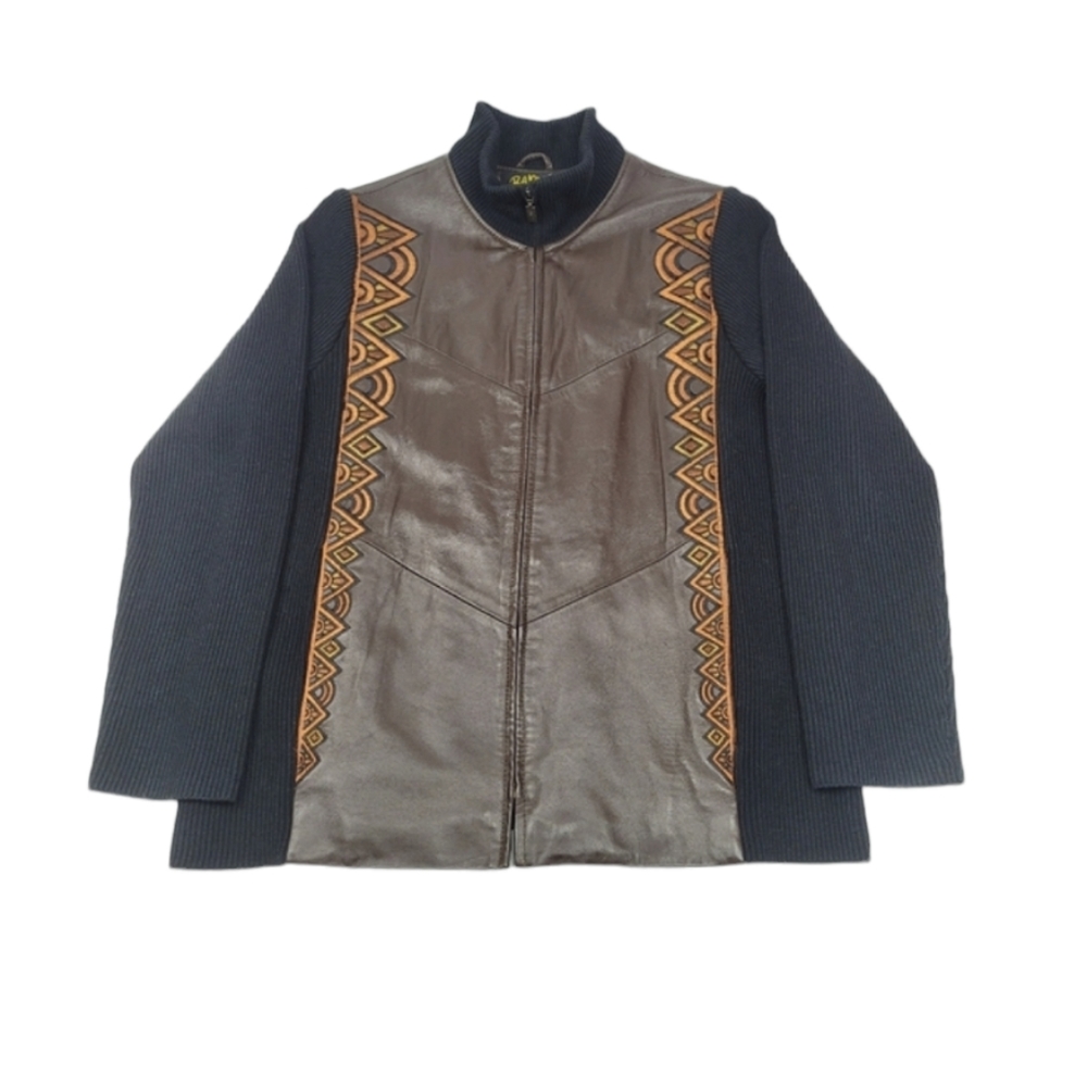 Vintage Bob Mackie Wearable Art Brown Embroidered Zip Leather Jacket Size Medium